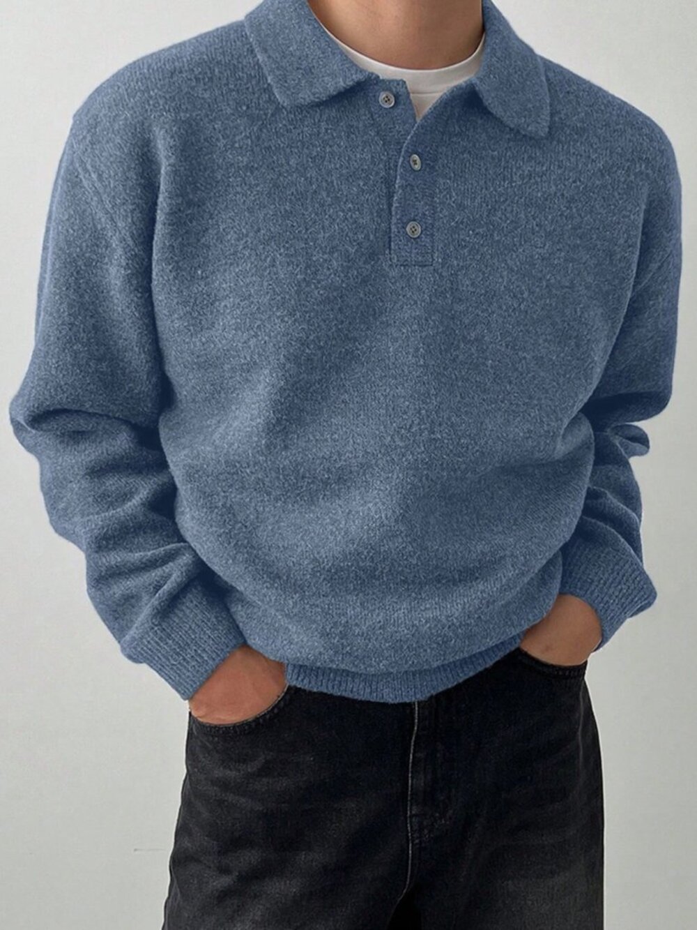 Blue Casual Men's Button-Up Casual Long Sleeve Sweater